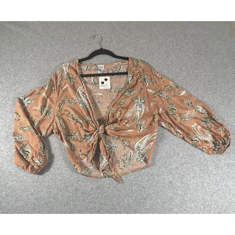 Cozy Co Paisley Tie Front Crop Blouse Womens Medium Boho Festival Rust Top